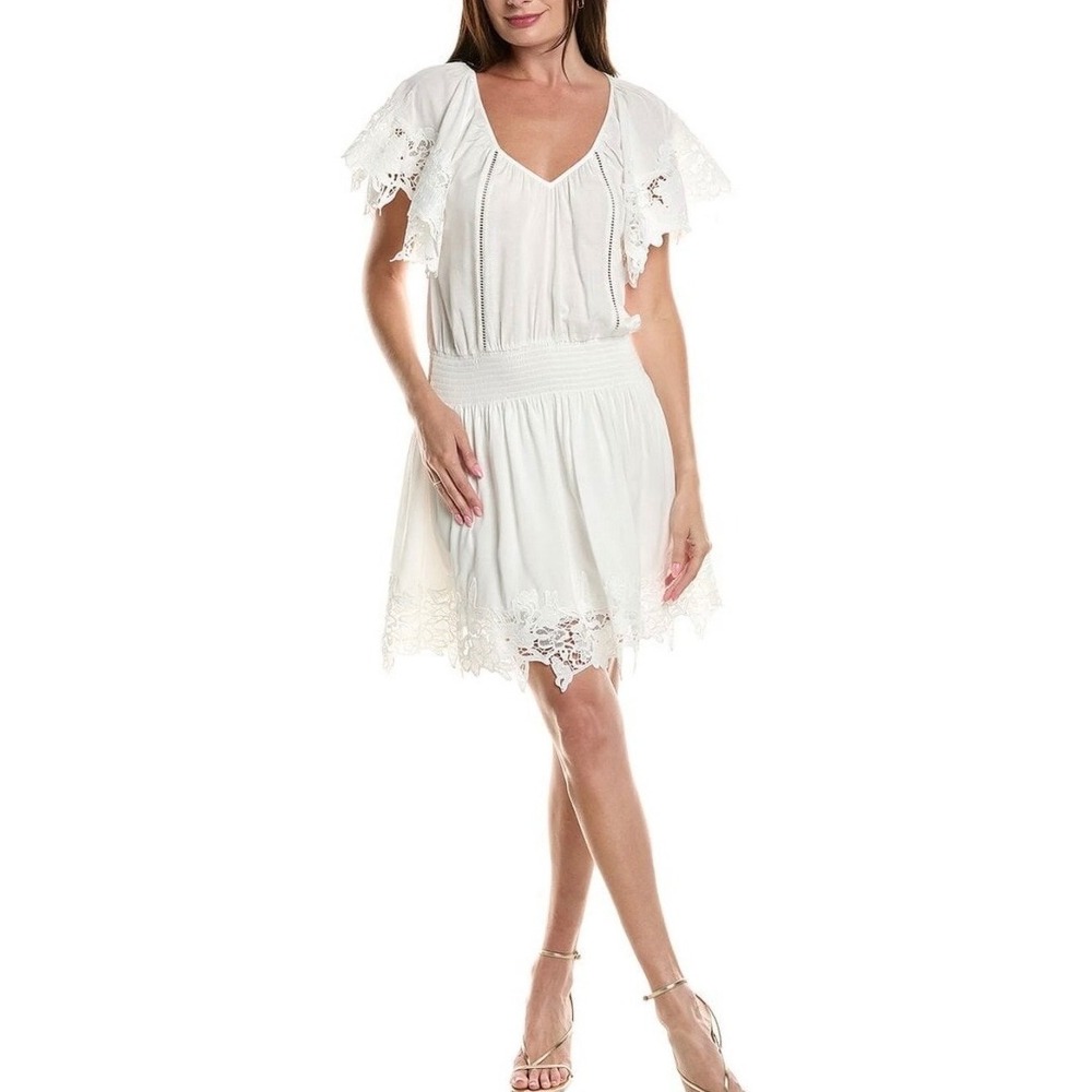 Ramy Brook Jacy White Linen Blend Lace‎ Mini Dress Smocked Waist Size S